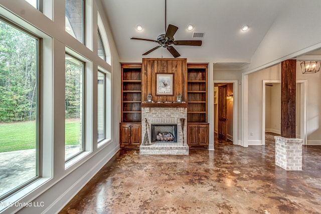 unfurnished living room featuring high vaulted ceiling, a healthy amount of sunlight, and ceiling fan