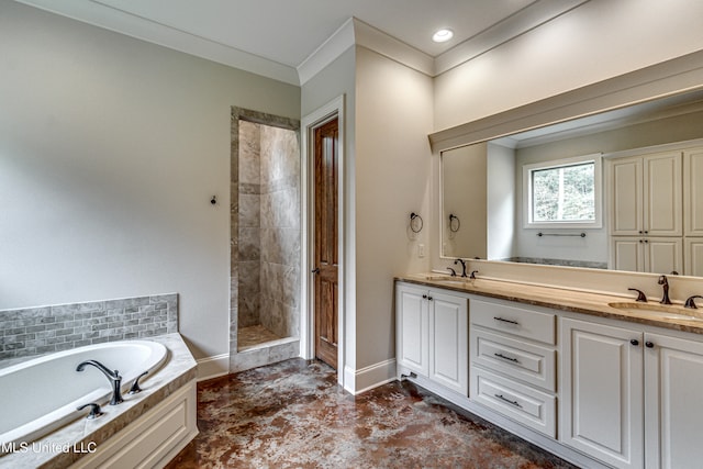 bathroom featuring shower with separate bathtub, vanity, and crown molding