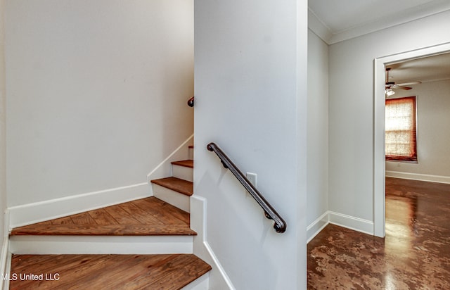 stairway with ceiling fan and crown molding