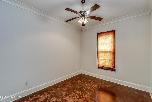 empty room with concrete flooring, ceiling fan, and ornamental molding