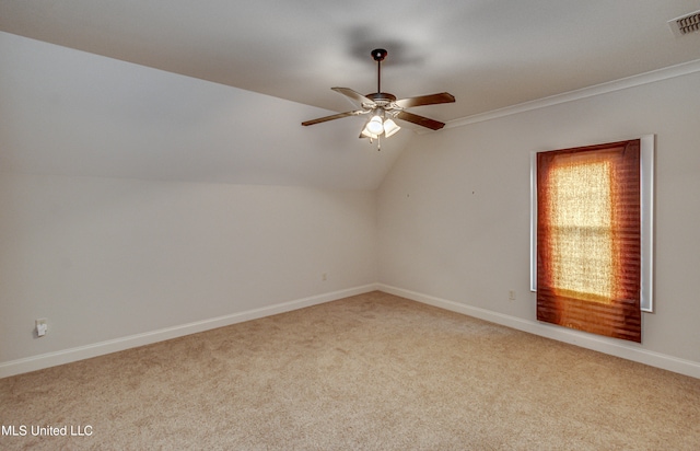 bonus room with ceiling fan, lofted ceiling, and light colored carpet