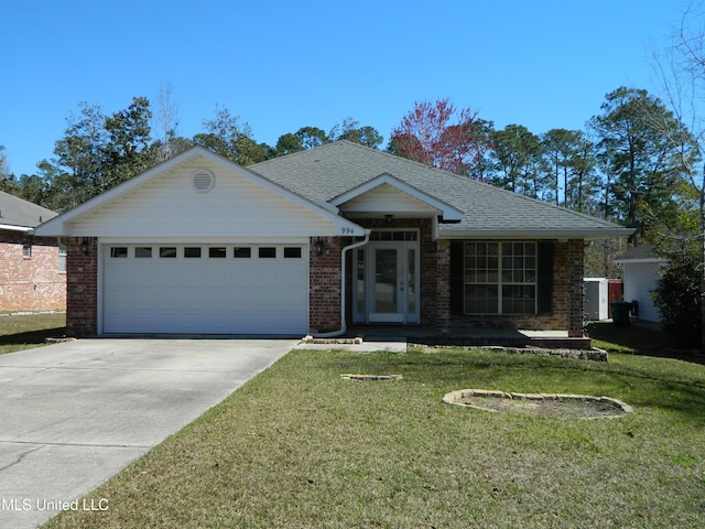 ranch-style house with an attached garage, brick siding, concrete driveway, roof with shingles, and a front yard