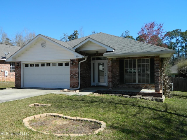 single story home featuring a garage, brick siding, driveway, roof with shingles, and a front lawn