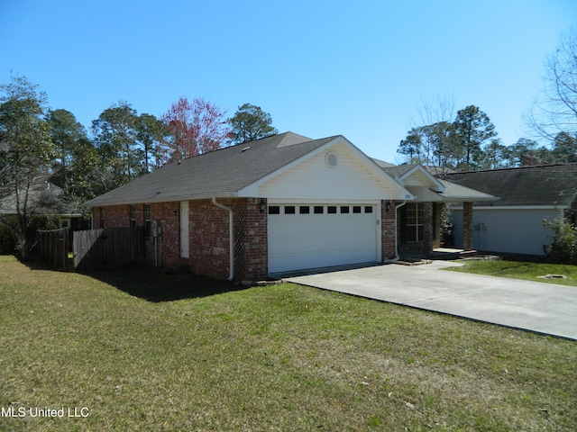 view of home's exterior with concrete driveway, brick siding, a lawn, and an attached garage