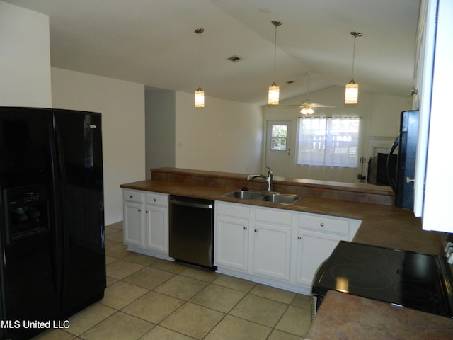 kitchen with a sink, visible vents, stainless steel dishwasher, electric range oven, and black refrigerator with ice dispenser