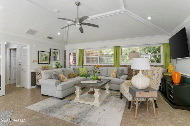 living room featuring ornamental molding, ceiling fan, and vaulted ceiling