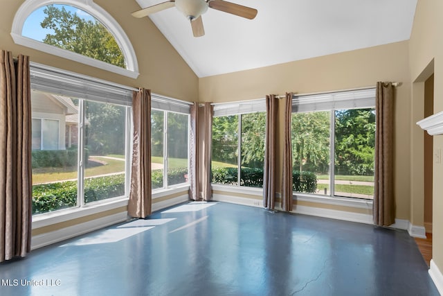 unfurnished sunroom with lofted ceiling and ceiling fan