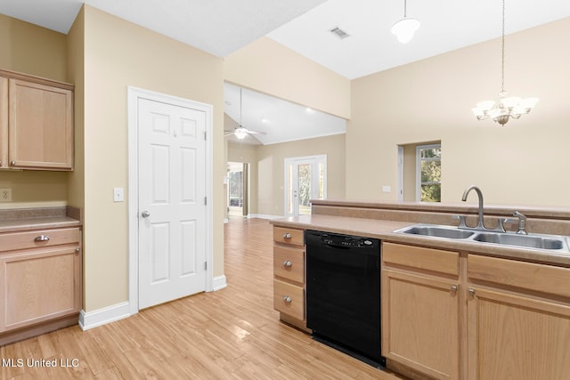 kitchen with light brown cabinetry, dishwasher, light wood-type flooring, sink, and pendant lighting