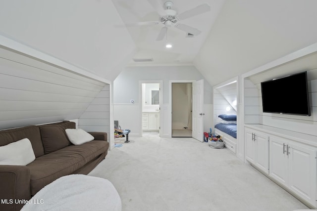 133 Saddlebrook Cv, Madison, MS 39110 - living area with vaulted ceiling, visible vents, light colored carpet, and a ceiling fan