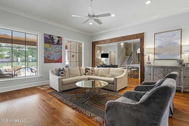 133 Saddlebrook Cv, Madison, MS 39110 - living room featuring recessed lighting, stairway, wood-type flooring, baseboards, and ceiling fan