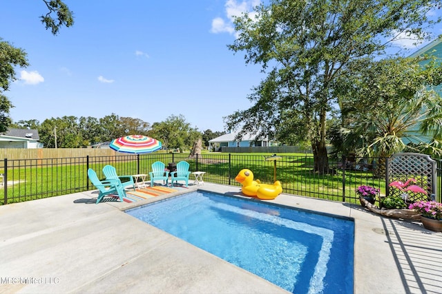 view of swimming pool with a patio area and a lawn