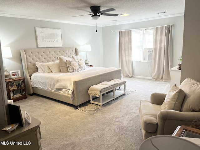 1202 Hemingway St, Greenwood, MS 38930 - bedroom featuring visible vents, a textured ceiling, light colored carpet, and crown molding