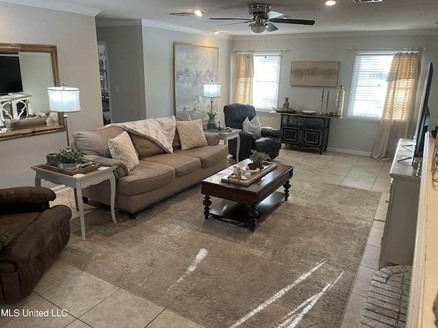 1202 Hemingway St, Greenwood, MS 38930 - living area with recessed lighting, ceiling fan, ornamental molding, and light tile patterned floors