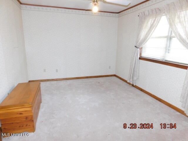 carpeted empty room with ceiling fan and ornamental molding