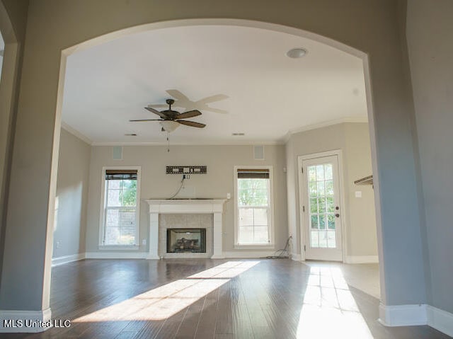 unfurnished living room featuring a wealth of natural light, a fireplace, light hardwood / wood-style floors, and ornamental molding