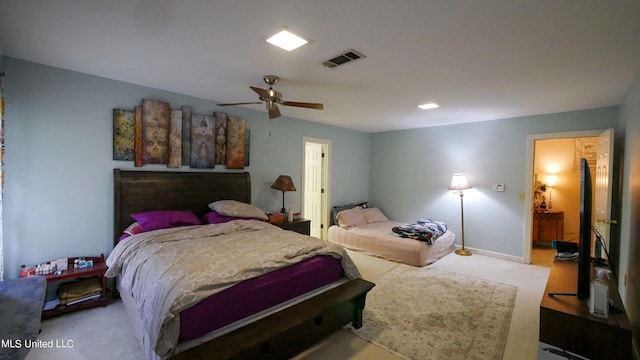 carpeted bedroom with ceiling fan