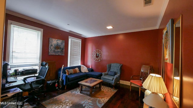 office with dark wood-type flooring and crown molding