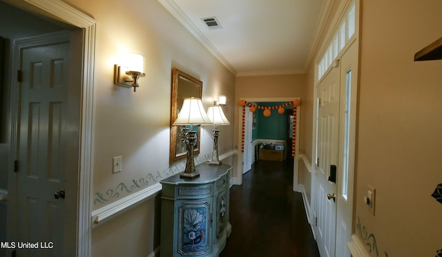 hall with crown molding and dark hardwood / wood-style floors