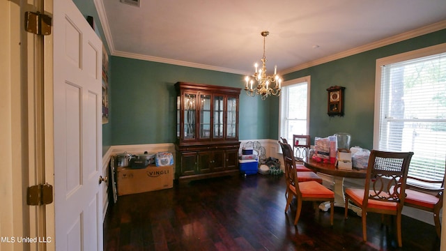 dining space with an inviting chandelier, crown molding, dark hardwood / wood-style floors, and a healthy amount of sunlight