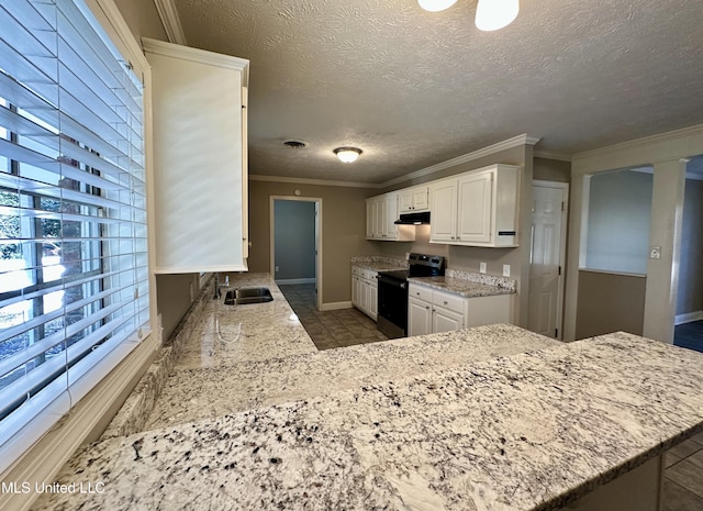 kitchen featuring stainless steel electric stove, white cabinets, sink, ornamental molding, and kitchen peninsula