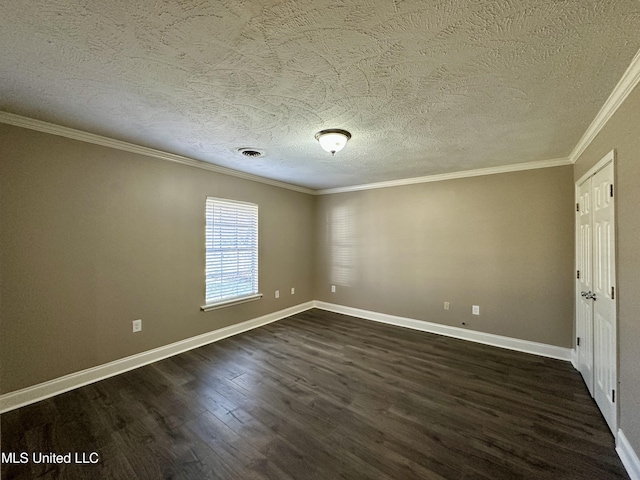 unfurnished room featuring ornamental molding, a textured ceiling, and dark wood-type flooring