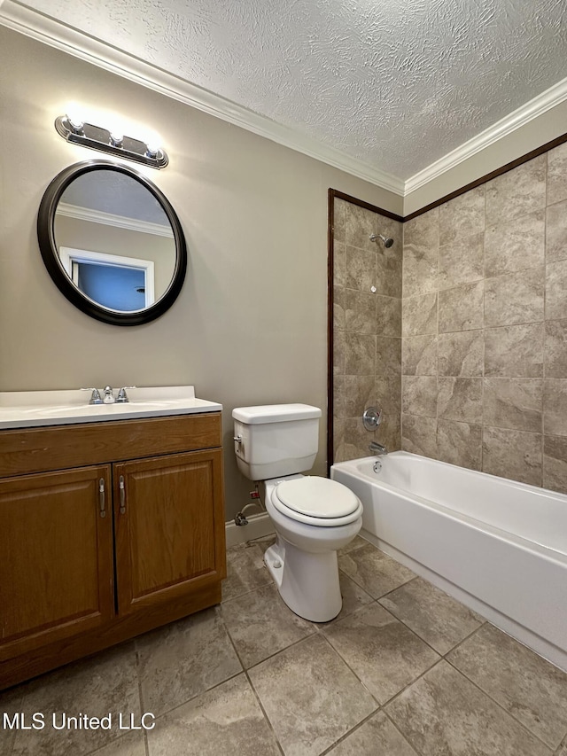 full bathroom with tile patterned floors, vanity, a textured ceiling, crown molding, and tiled shower / bath