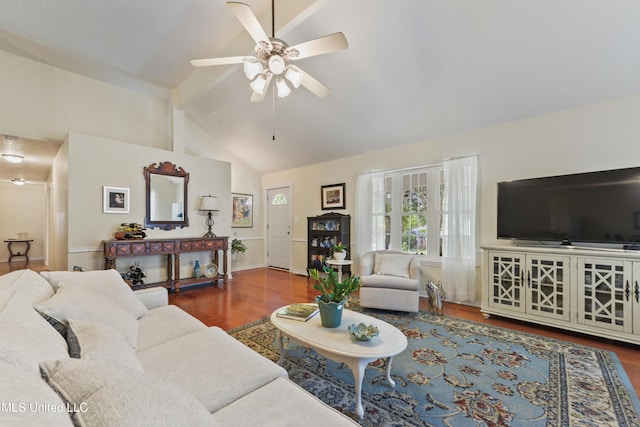 6658 Ahekolo Cir, Diamondhead, MS 39525 - living room featuring ceiling fan, beamed ceiling, wood finished floors, and high vaulted ceiling