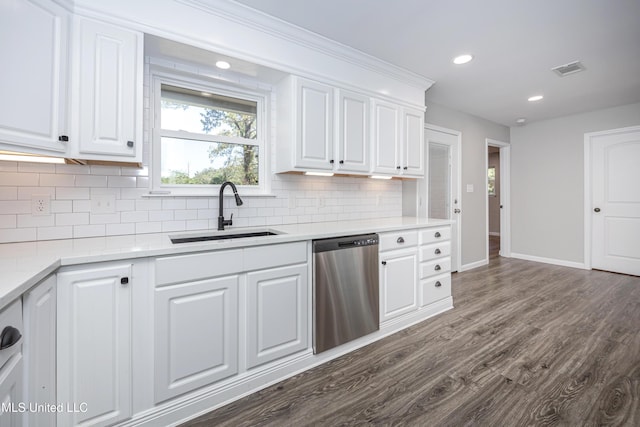 kitchen with white cabinetry, dishwasher, dark wood-type flooring, and sink