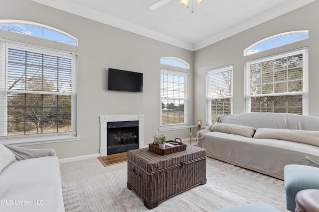 carpeted living room with crown molding, ceiling fan, and a wealth of natural light