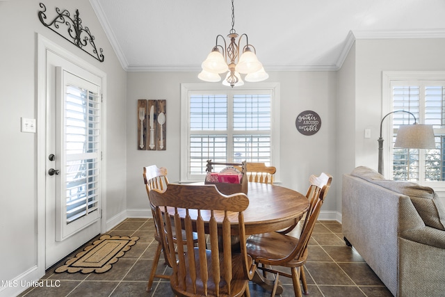 tiled dining space featuring an inviting chandelier, ornamental molding, and vaulted ceiling