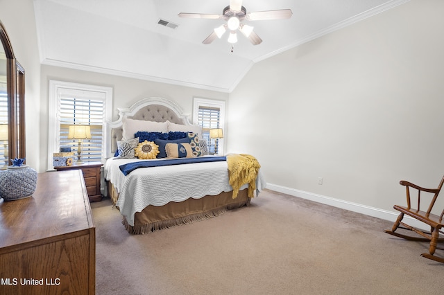 bedroom featuring light carpet, ceiling fan, vaulted ceiling, and multiple windows