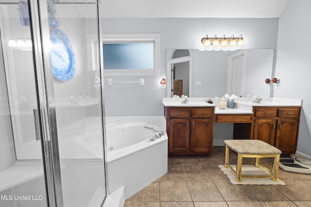 bathroom with vanity, separate shower and tub, and tile patterned flooring