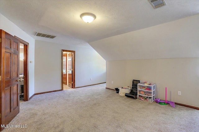 additional living space with a textured ceiling, light colored carpet, and vaulted ceiling