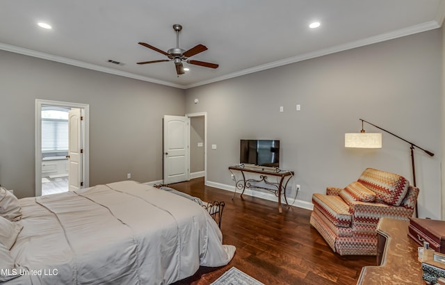 bedroom featuring recessed lighting, visible vents, ornamental molding, wood finished floors, and baseboards