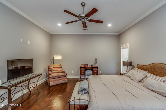 bedroom with ornamental molding, recessed lighting, hardwood / wood-style flooring, and baseboards