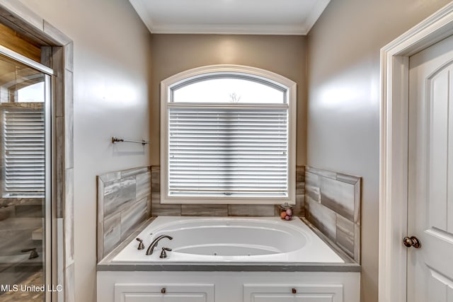 bathroom featuring a whirlpool tub, a shower stall, and ornamental molding