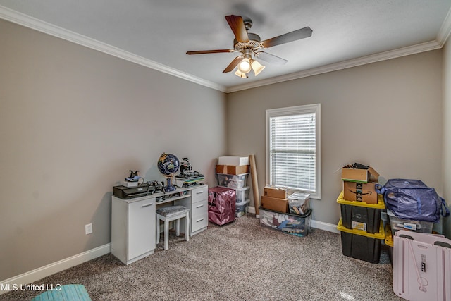 rec room featuring crown molding, carpet floors, ceiling fan, and baseboards