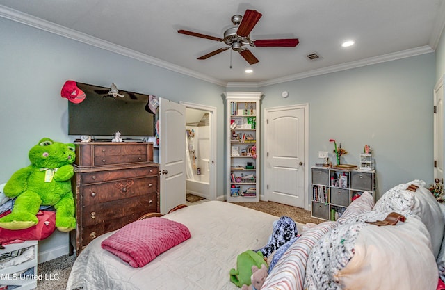 carpeted bedroom with ceiling fan, recessed lighting, visible vents, and crown molding