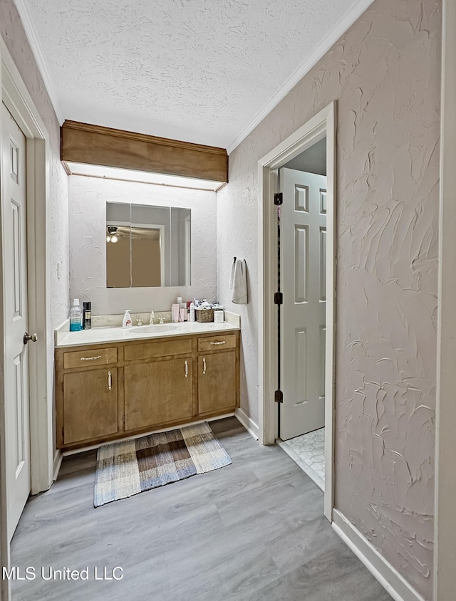 bathroom featuring a textured wall, ornamental molding, wood finished floors, a textured ceiling, and vanity