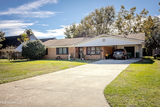 single story home featuring a front yard and a carport