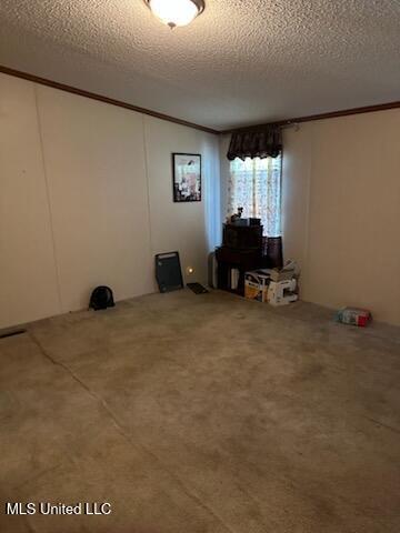 unfurnished room featuring ornamental molding, a textured ceiling, and carpet