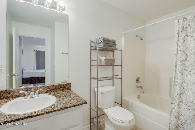 bathroom with vanity, ensuite bath, toilet, and shower / tub combo with curtain