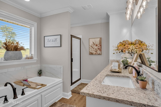 bathroom featuring vanity, crown molding, hardwood / wood-style flooring, and separate shower and tub