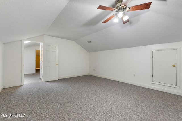 additional living space featuring lofted ceiling, carpet flooring, and a textured ceiling