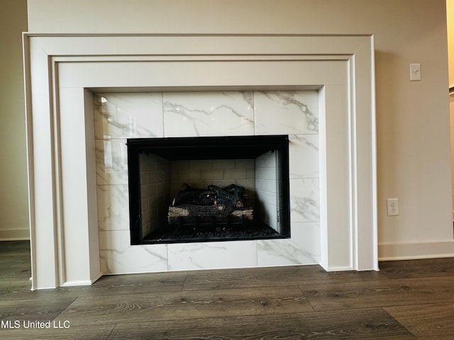 interior details with a premium fireplace and wood-type flooring