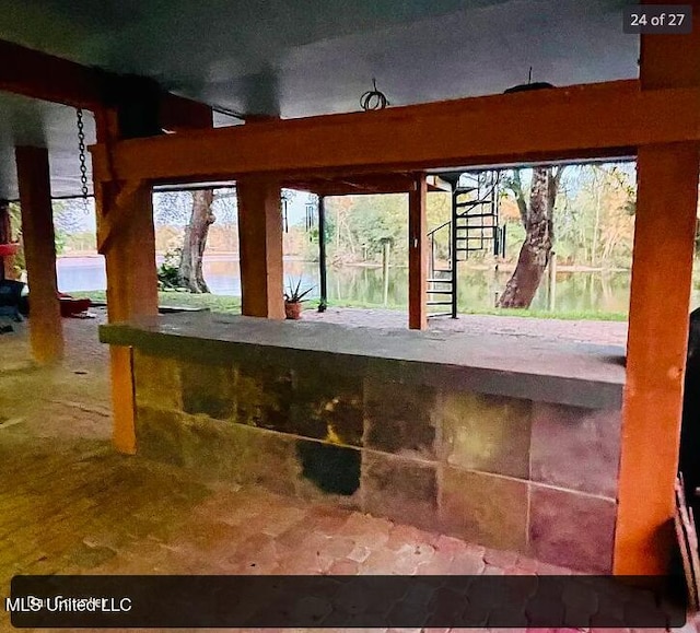 interior space with a water view