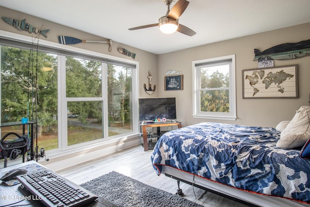 bedroom featuring hardwood / wood-style flooring and ceiling fan