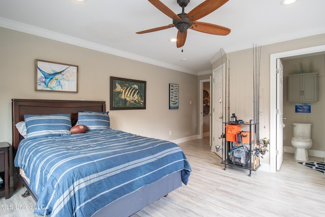 bedroom featuring light wood-type flooring, connected bathroom, ceiling fan, and ornamental molding