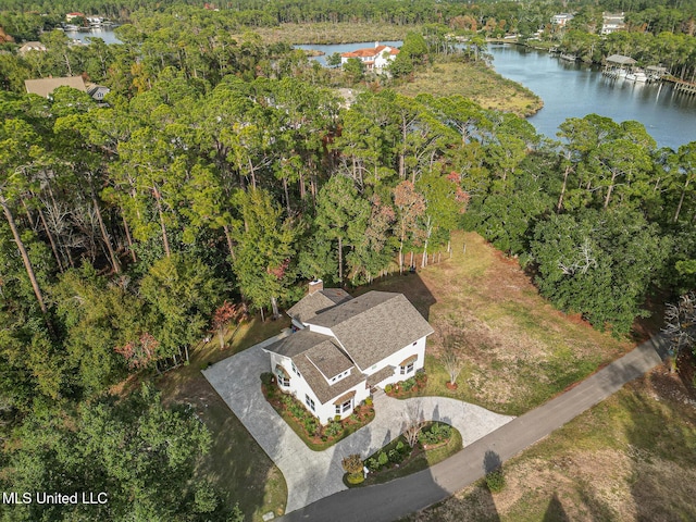 drone / aerial view featuring a water view