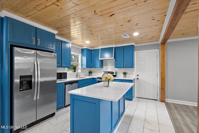 kitchen featuring appliances with stainless steel finishes, a center island, blue cabinets, and wood ceiling